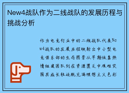New4战队作为二线战队的发展历程与挑战分析